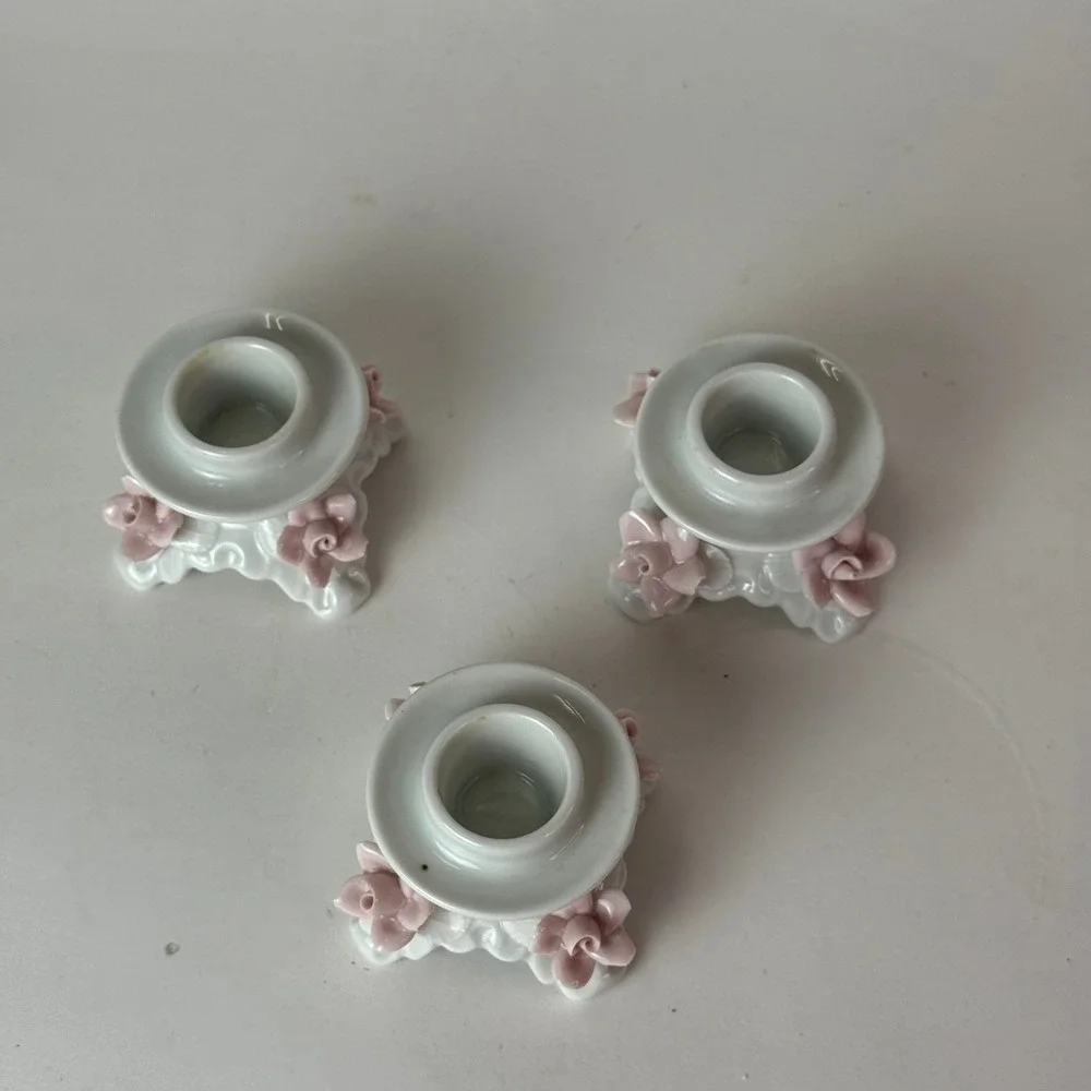 Alka Kunst Dresden Porcelain Rose Candlestick Holders Set of 3 Pink White VTG